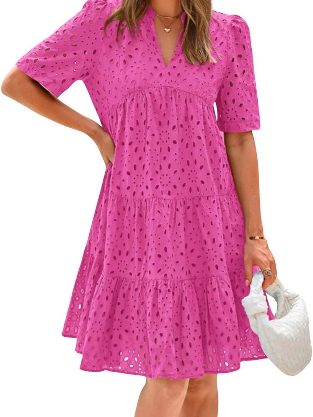 NWOT Eyelet Tiered V-Neck Mini Dress in Rose Red Pink, Small